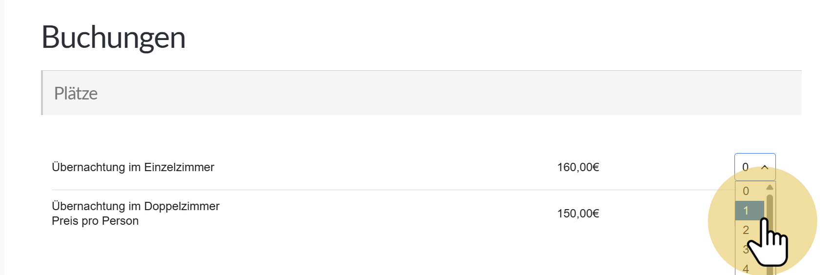 Anzahl der Plätze auswählen